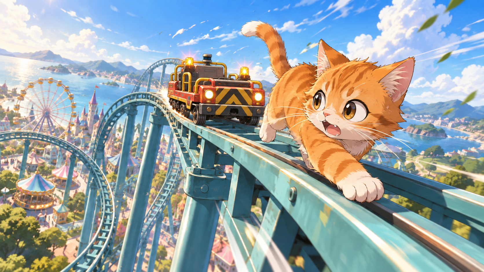 遊園地のレールを逃げる猫と、後ろから迫る保守用コースター車両